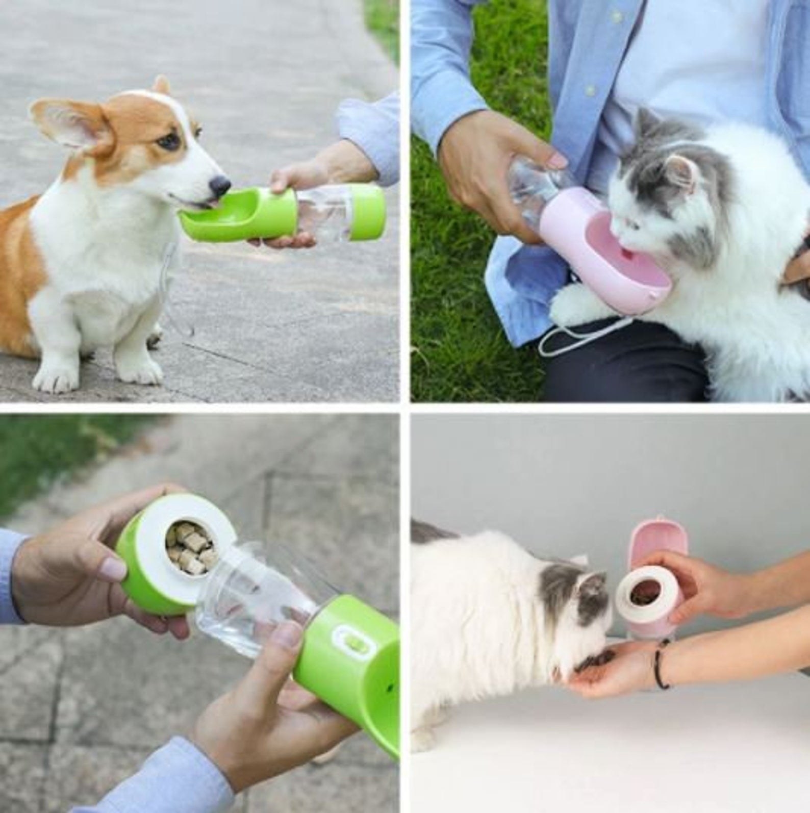 chart showing dogs and cats drinking and eating from the portable bottle