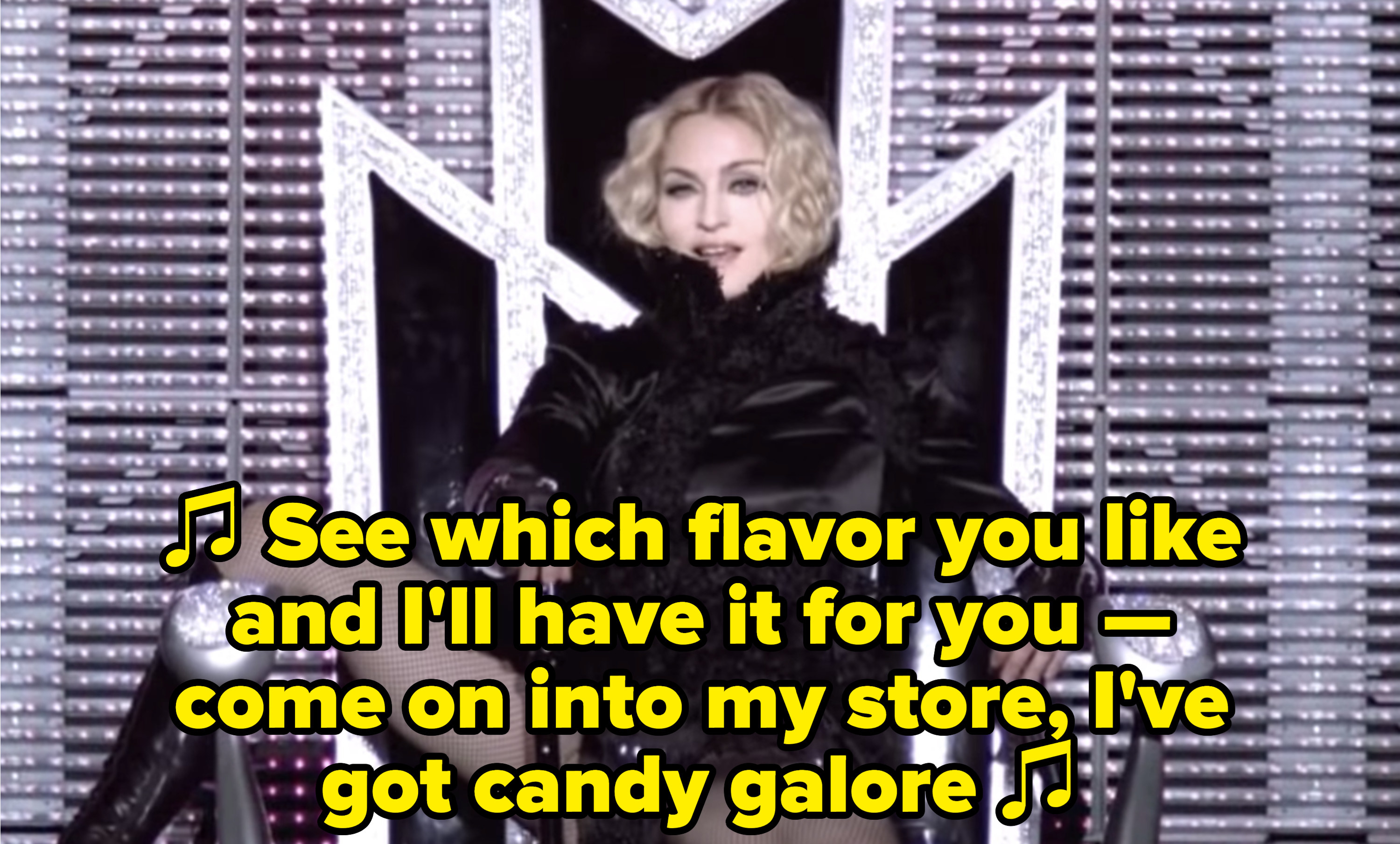 Madonna performing &quot;Candy Shop&quot; in concert: &quot;See which flavor you like and I&#x27;ll have it for you — come on into my store, I&#x27;ve got candy galore&quot;