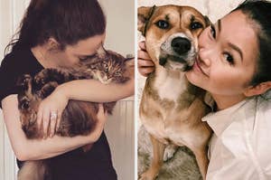 Kat Dennings snuggling her cat, next to Lana Condor and her dog