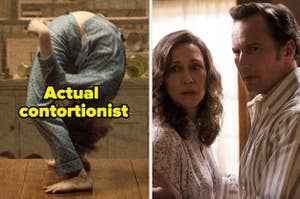 David from The Conjuring 3 bending all the way backwards so that his head his between his legs, caption "Actual contortionist." Another photo of Ed and Lorraine looking stressed. 