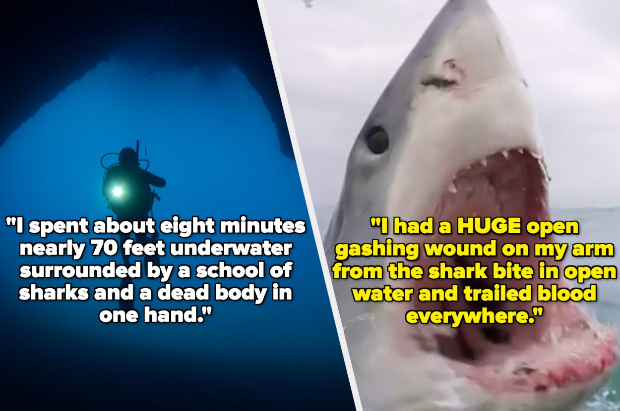 A deep diver entering an underwater cave and a shark about to bite down