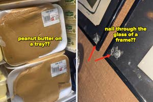 Peanut butter on a plastic wrapped tray and a picture hung up with the nail through the frame