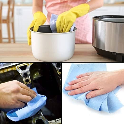 A person using the reusable cloth to clean dishes, stove and counter