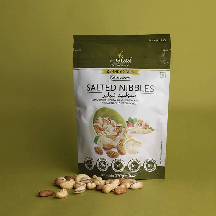 A bag of salted mixed nuts from Rostaa that includes almonds, pistachio and cashews