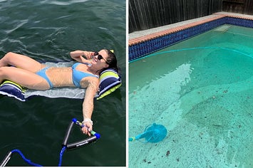 L: Reviewer lying on float R: Pool vacuum in use and you can clearly see where it has cleaned