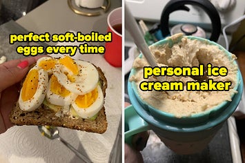 L: avocado toast with soft-boiled egg slices on it R: personal ice cream maker