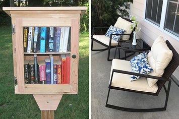 two panels showing a cedar wood tiny library on aa post filled with books, and a pair of cushioned rocking chairs with a matching side table 