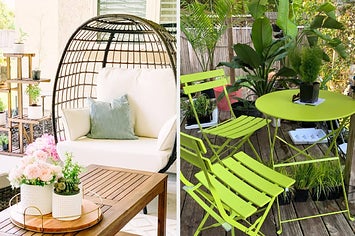 a reviewer's black egg chair and a reviewer's green three-piece patio set