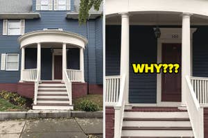 A house with an off-center front door and the text "WHY???"