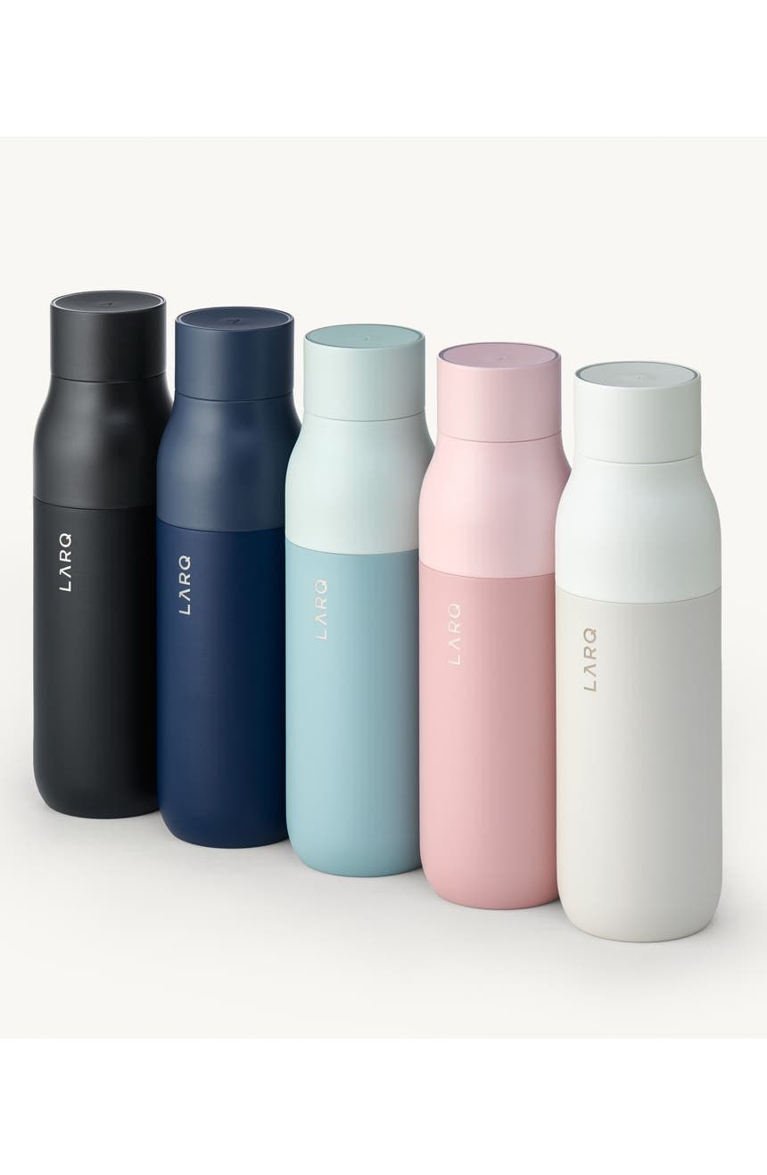 five of the water bottles in black, blue, light blue, pink, and white