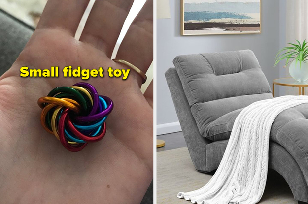 on left, hand holds rainbow stress relief toy. on right, plush chase with blanket