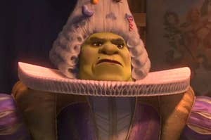 shrek in a wig and 1900s garb