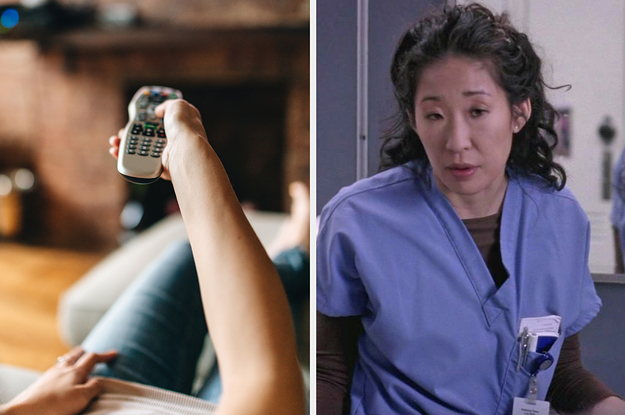 On the left, someone holding up a remote control, and on the right, Sandra Oh as Cristina on