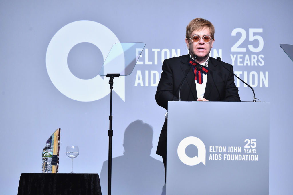 Elton speaking at an Elton John AIDS Foundations event