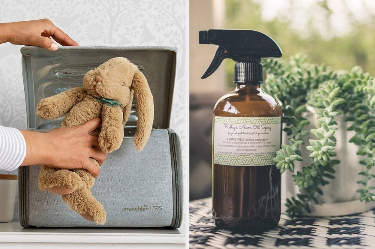 someone putting a stuffed animal into a UV sanitizer; a bottle of neem oil