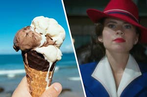 A hand holds a waffle cone filled with melting ice cream and a close up of Peggy Carter wearing a colorful fedora 