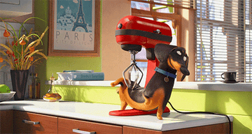 Gif of dog from &quot;The Secret Life of Pets&quot; playing under stand mixer in kitchen