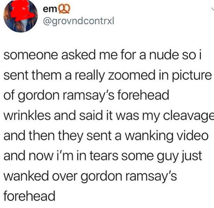 Tweet about someone sending a close-up of Gordon Ramsay&#x27;s forehead instead of their cleavage, and laughing that someone is wanking over Ramsay&#x27;s forehead