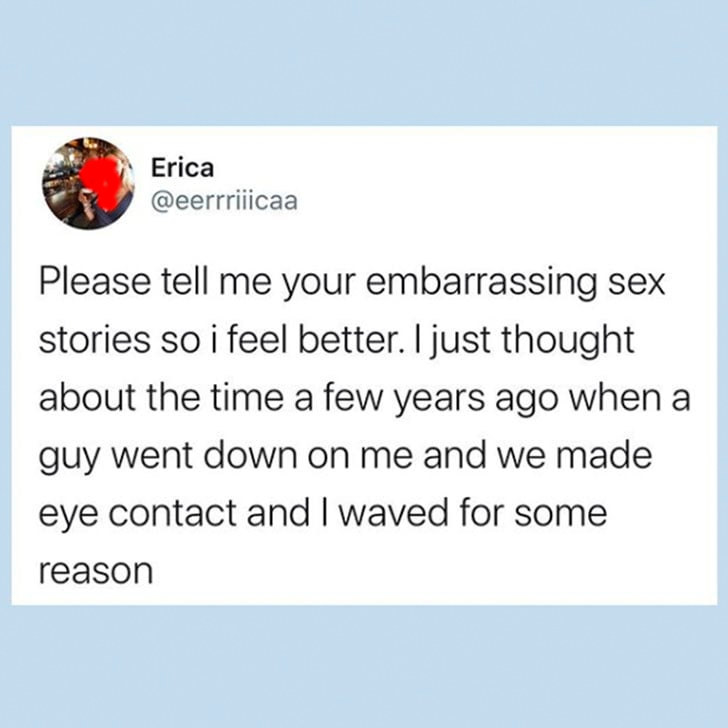 Tweet about someone making eye contact and waving at the person giving them oral sex