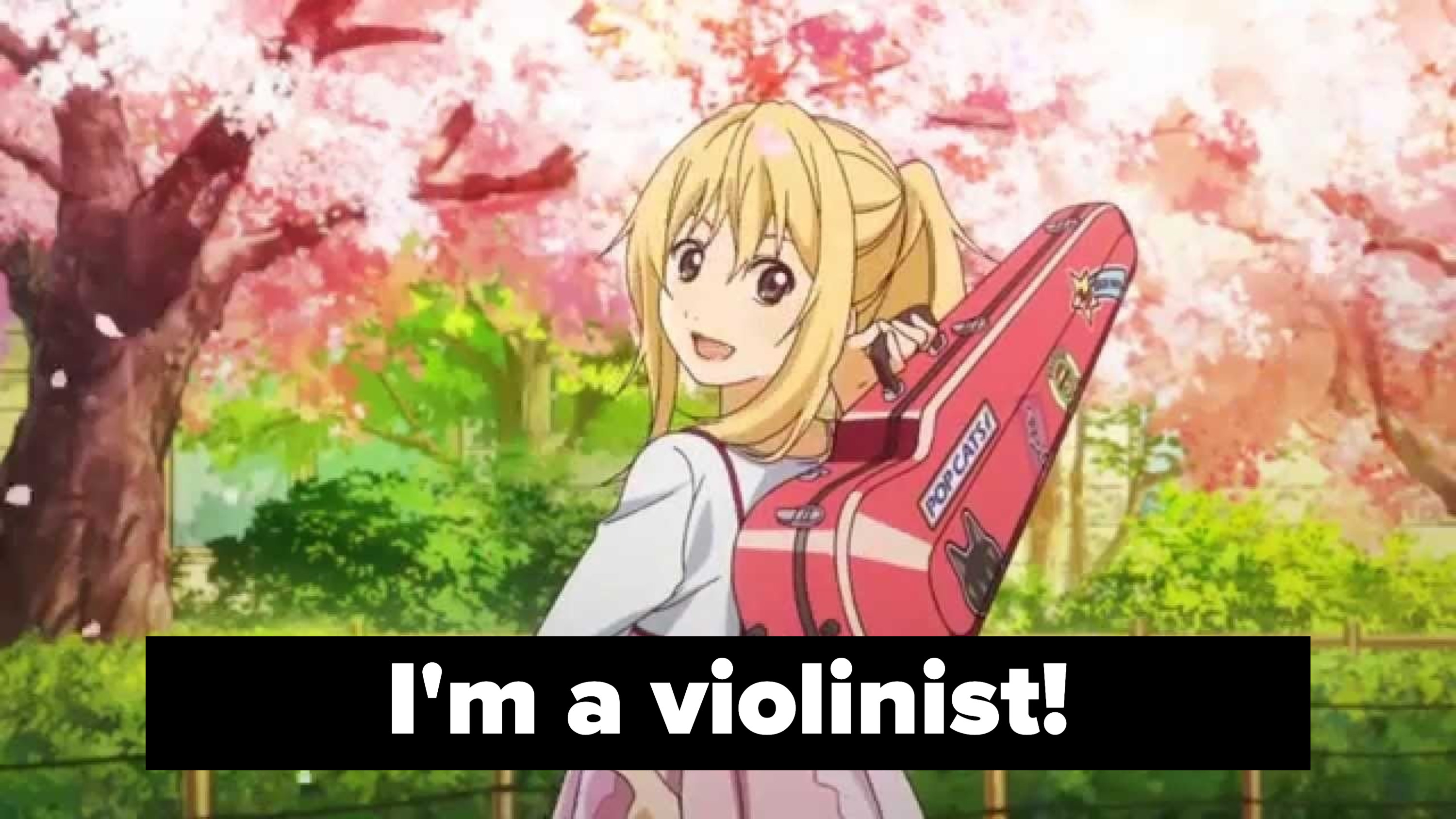 young animated girl with bangs and ponytail faces the other way holding a musical storage bag and says i&#x27;m a violinist