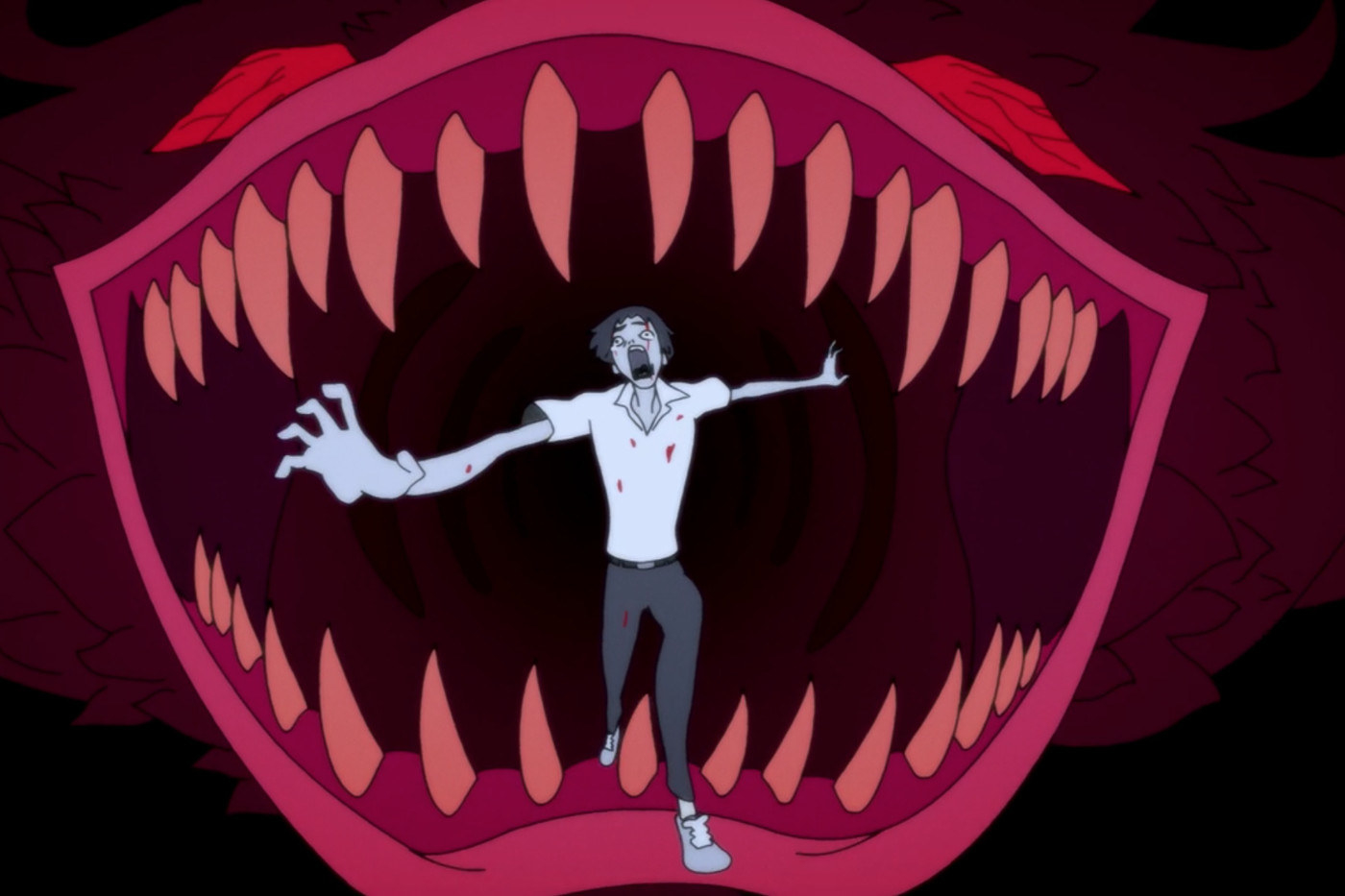 animated man wears a polo and pants, runs out of a mouth with sharp teeth