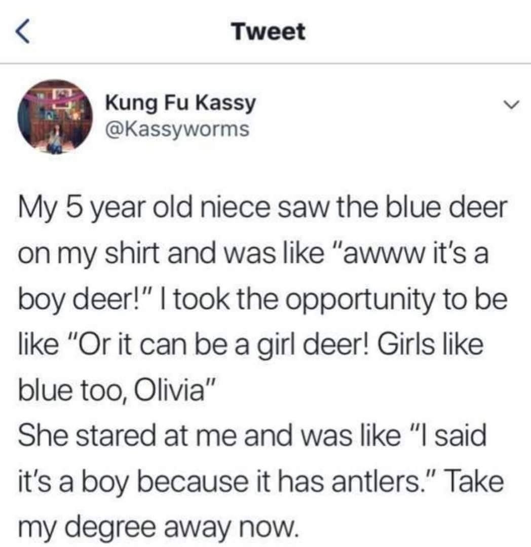 A person&#x27;s 5-year-old nice says the blue deer on their shirt is a boy deer, and after the person says it could be a girl deer, the niece says, &quot;I said it&#x27;s a boy because it has antlers&quot;