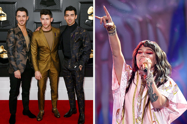 on the left, jonas brothers, and on the right, kesha