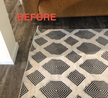 A before photo shows the rug curling at the corners 