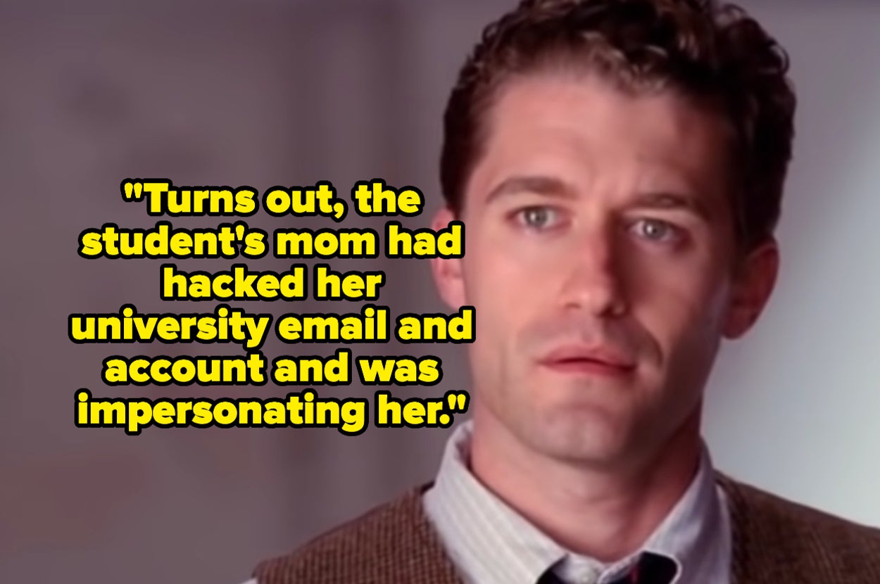 "Turns out, the student's mom had hacked her university email and account and was impersonating her" over shocked will schuester