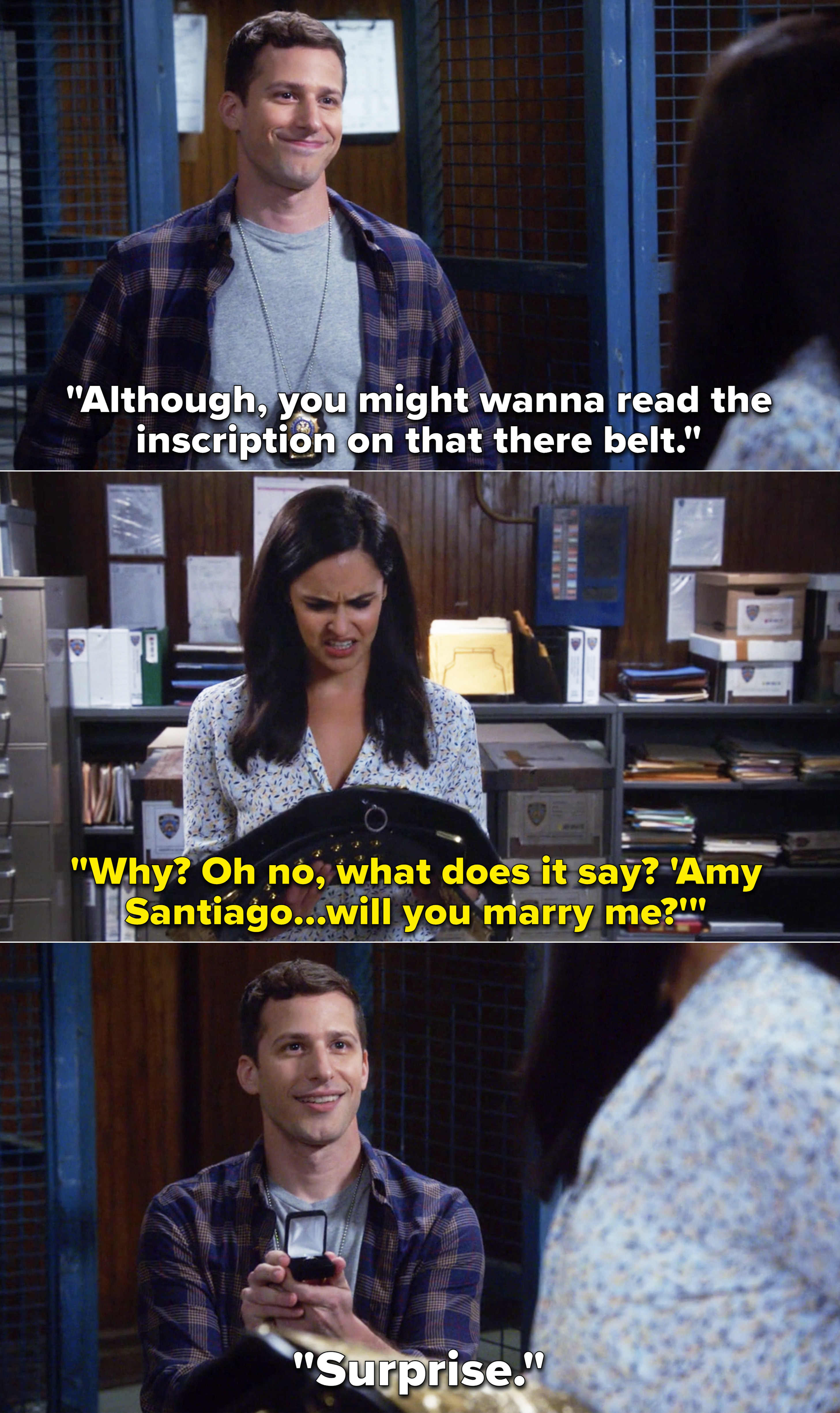 Amy reading the inscription on the Halloween Heist belt that says, &quot;Amy Santiago, will you marry me?&quot;