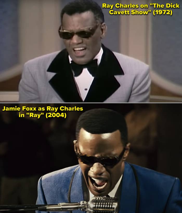 A side-by-side of Ray Charles and Jamie Foxx as Ray Charles