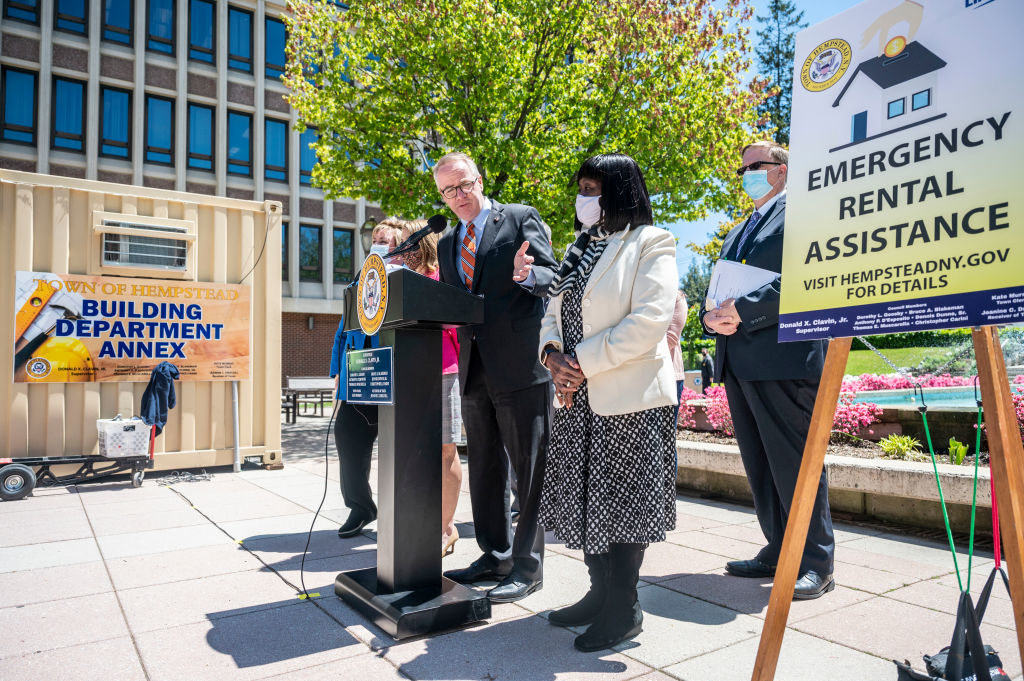 Local politician announcing emergency rental assistance program in Hempstead, New York