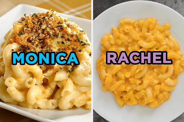 On the left, some mac and cheese topped with bread crumbs labeled