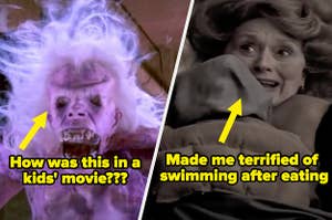 the ghost from ghostbusters labeled "How was this in a kids' movie???" and Aunt Josephine holding Sunny in A Series of Unfortunate Events labeled "Made me terrified of swimming after eating"