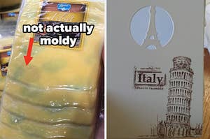 cheese that looks moldy because of the paper and an italy card with the eiffle tower on it