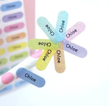 The sparkly mini name stickers in a rainbow of colors