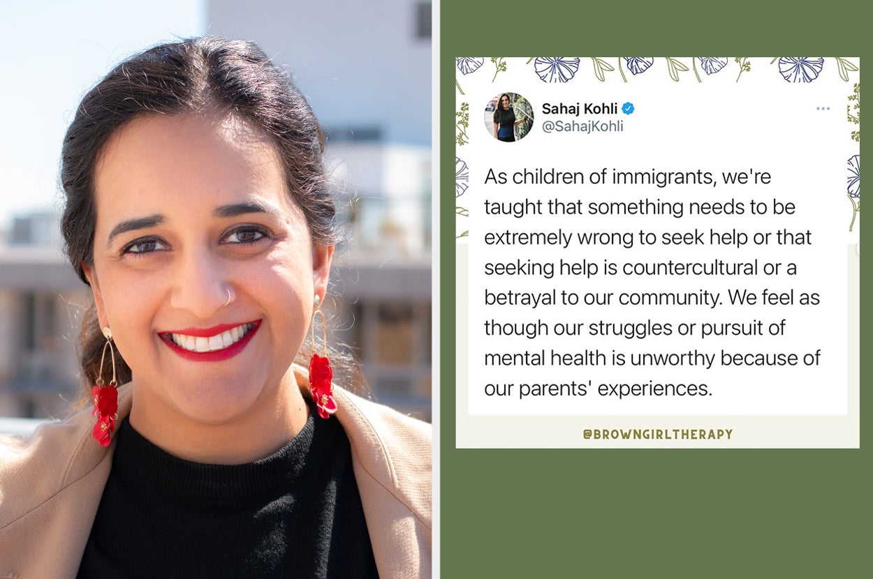 Sahaj Kohli on the left and her tweet on the right explaining why children of immigrants don't always get access to mental health resources