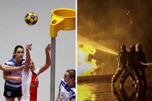 Women playing korfball and firefighters putting out fire