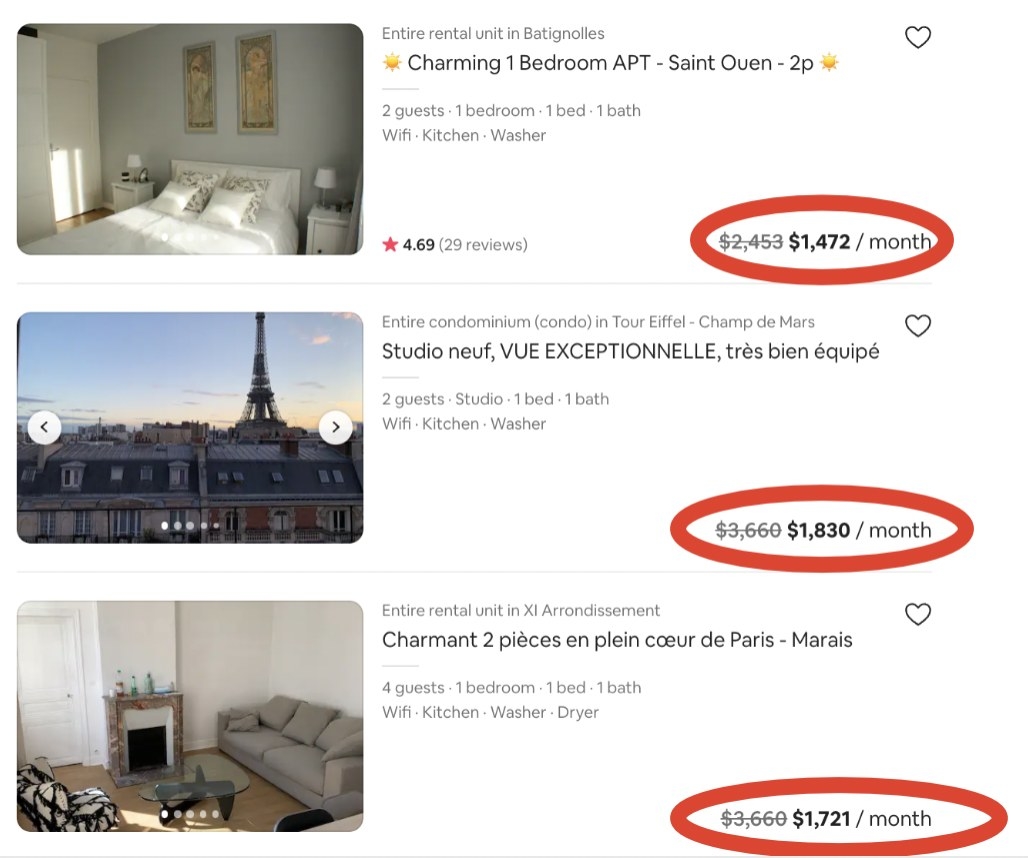 Screenshot of monthly rentals in Paris