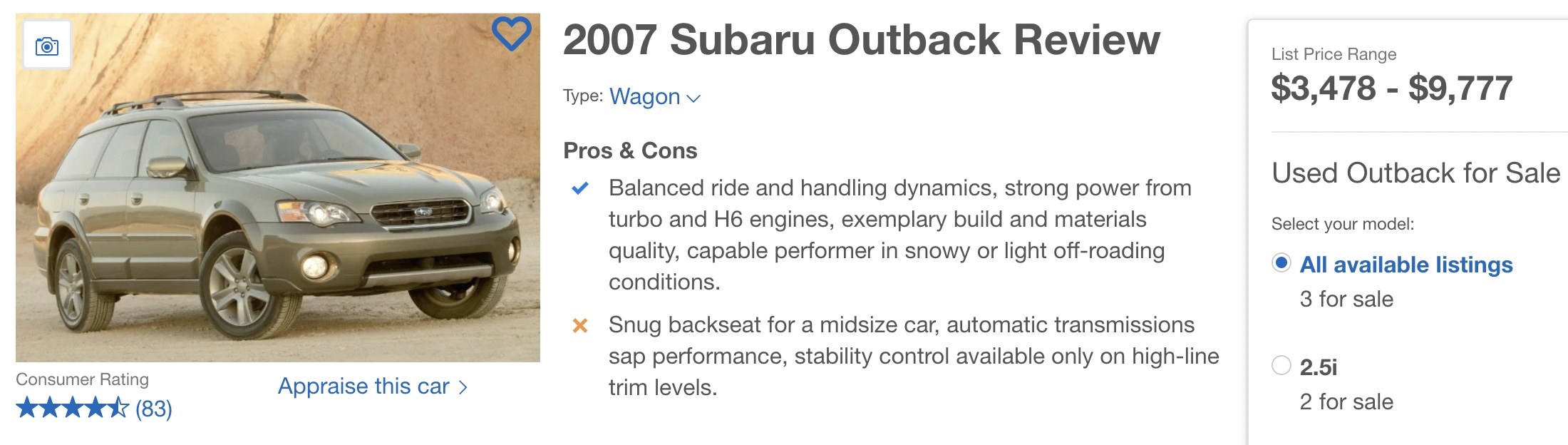 Screenshot of a Subaru Outback