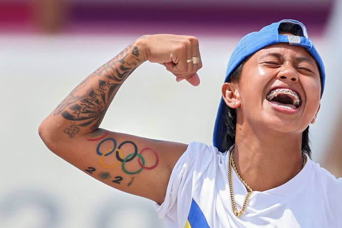 Margielyn Didal of Team Philippines celebrates during the Women's Street Final at the Tokyo Olympic Games