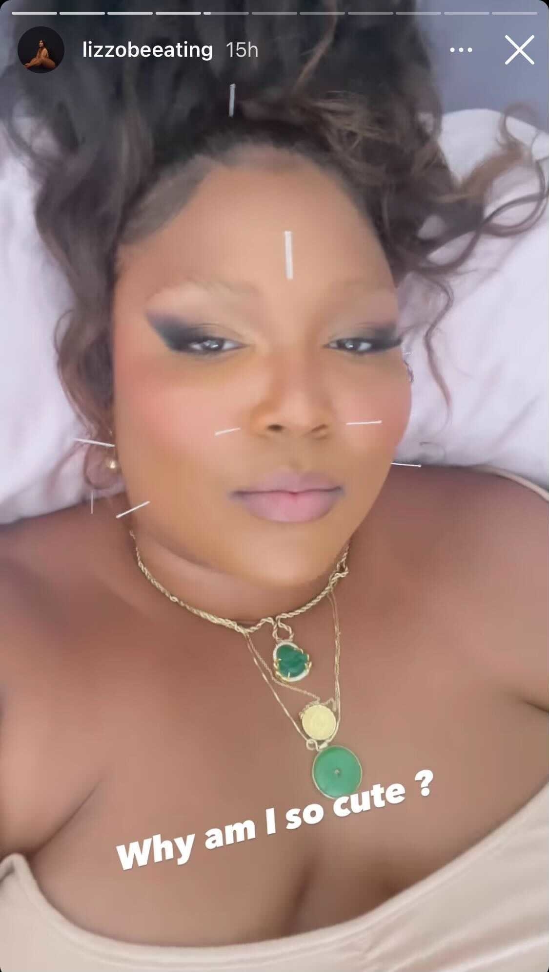 A screenshot taken from Lizzo&#x27;s Instagram Story shows her looking into the camera