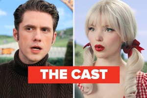 Stills from Schmigadoon show aaron tveit and dove cameron faces text reads the cast