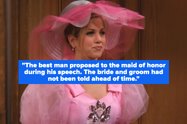 "The best man proposed to the maid of honor during his speech. The bride and groom had not been told ahead of time" over a bridesmaid in a dress and hat