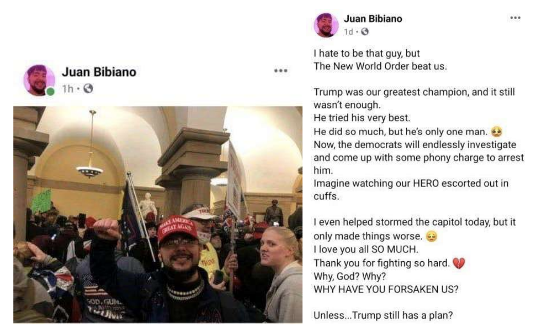 A man stands in the Capitol crypt with his fist raised surrounded by other people, his post says &quot;The New World Order beat us&quot; and asks if Trump still has a plan