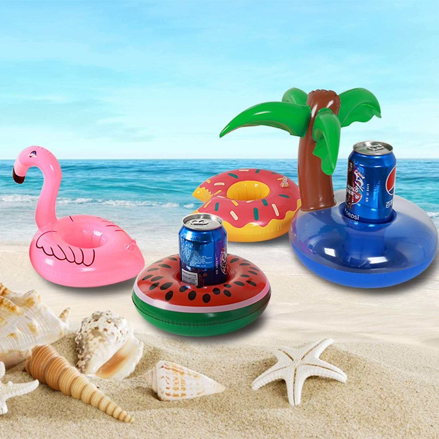 A bunch of small pool floaties with drink cans in them