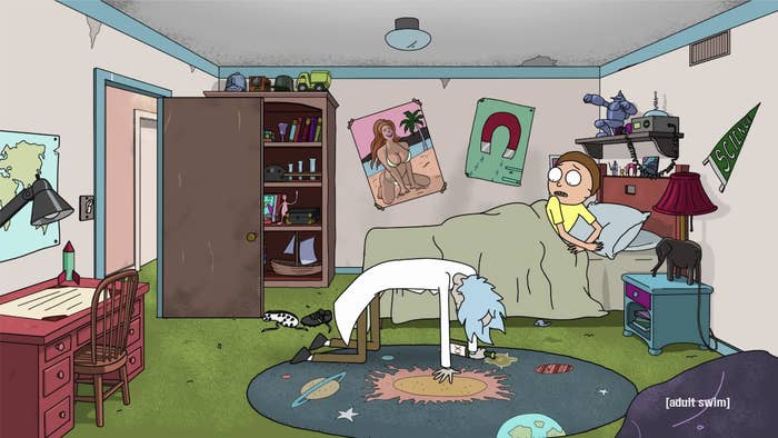 Morty&#x27;s bedroom with the lights on and Rick drunk on his floor