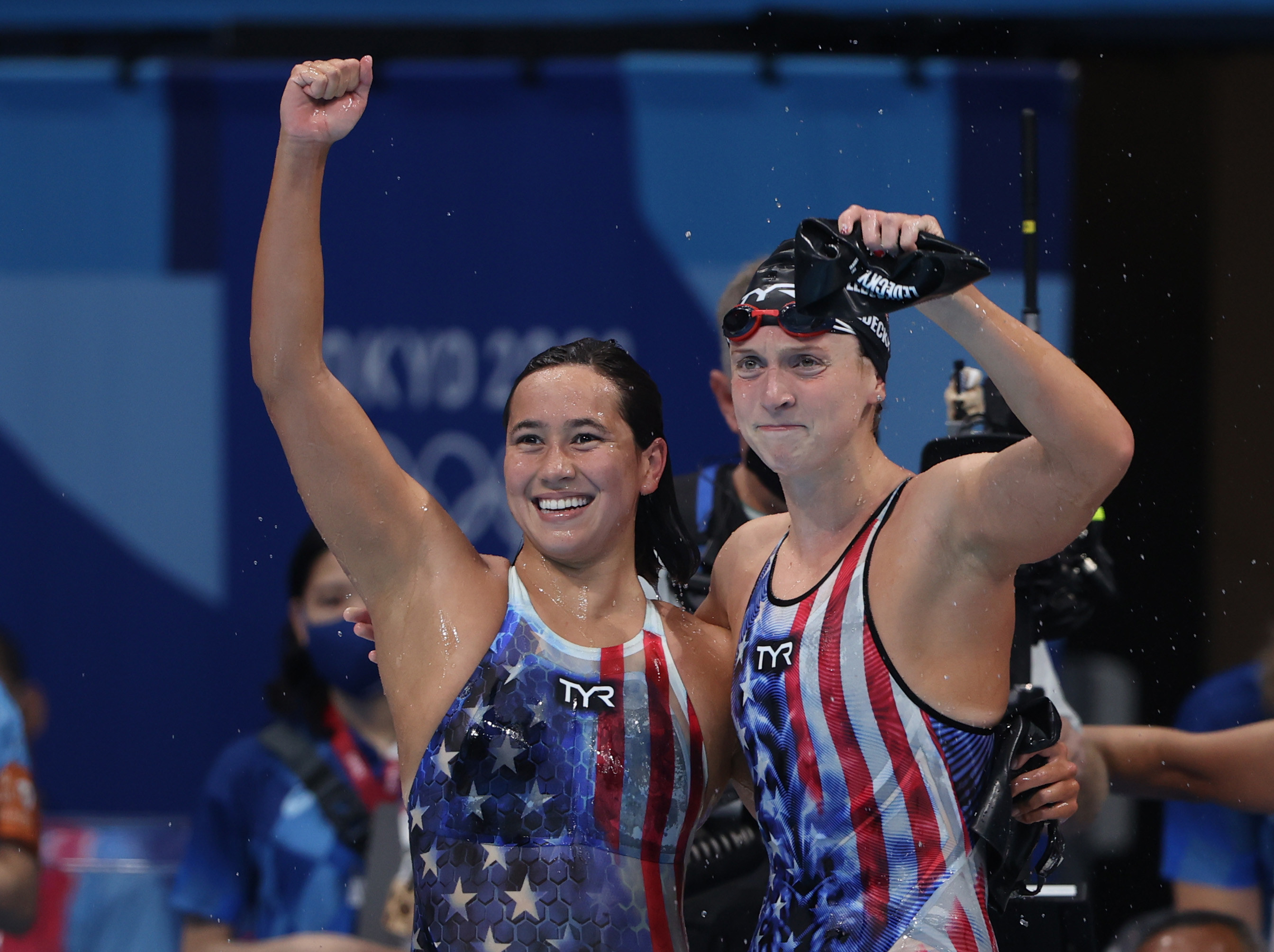 Erica celebrating with fellow swimmer Katie Ledecky