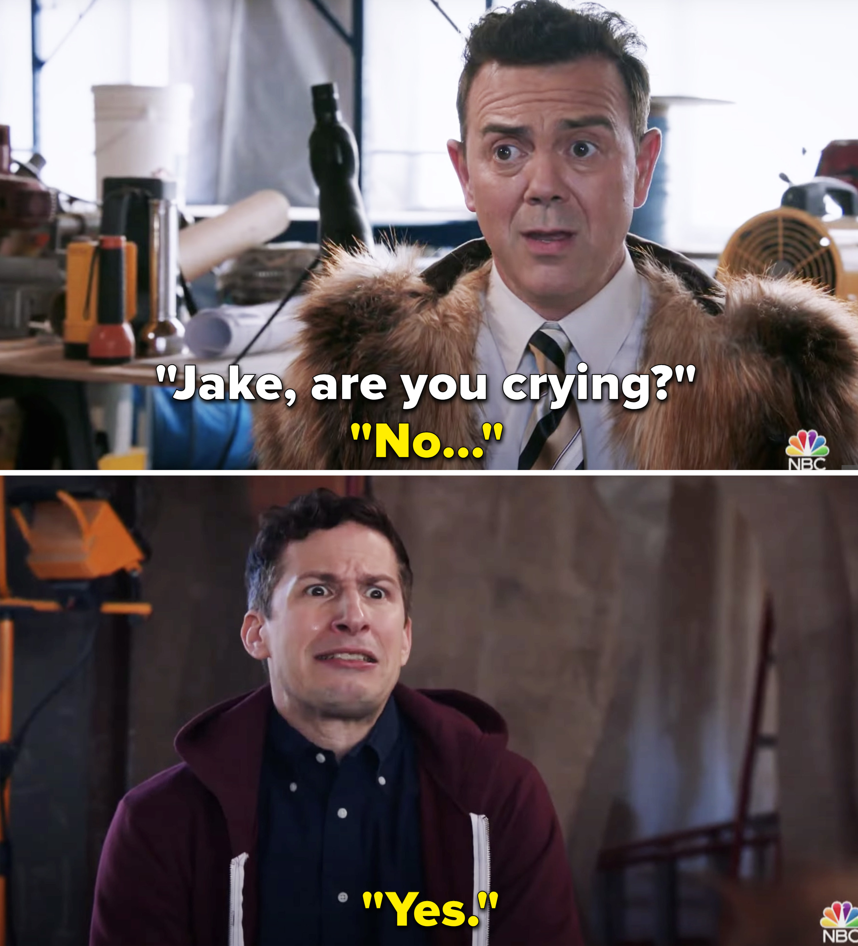 Jake being asked if he&#x27;s crying to which he responds &quot;No&quot; and then &quot;Yes&quot;