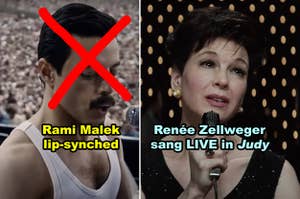Side-by-side of Rami Malek in "Bohemian Rhapsody" and Renée Zellweger in "Judy"